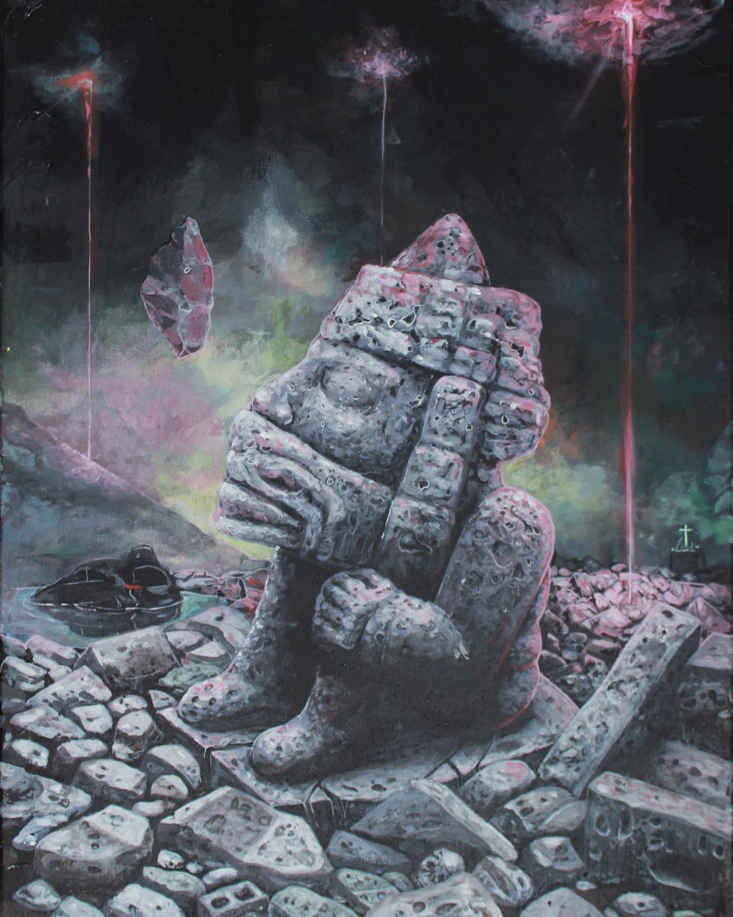 Painting of a seated pre-Columbian stone idol amid rubble under cosmic violet rays