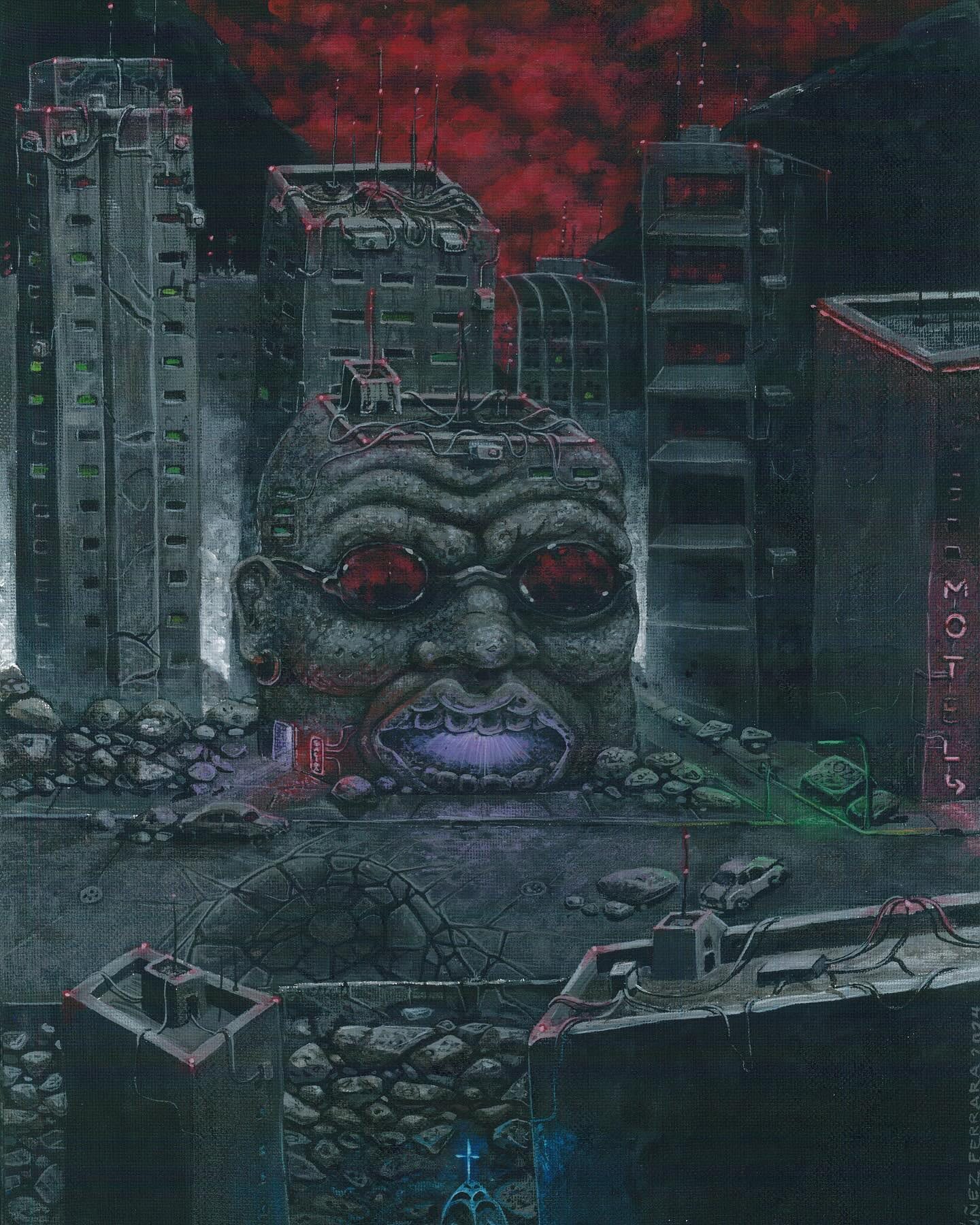 Painting of a colossal head with red eyes and pyramid teeth surrounded by grey skyscrapers under a blood-red sky