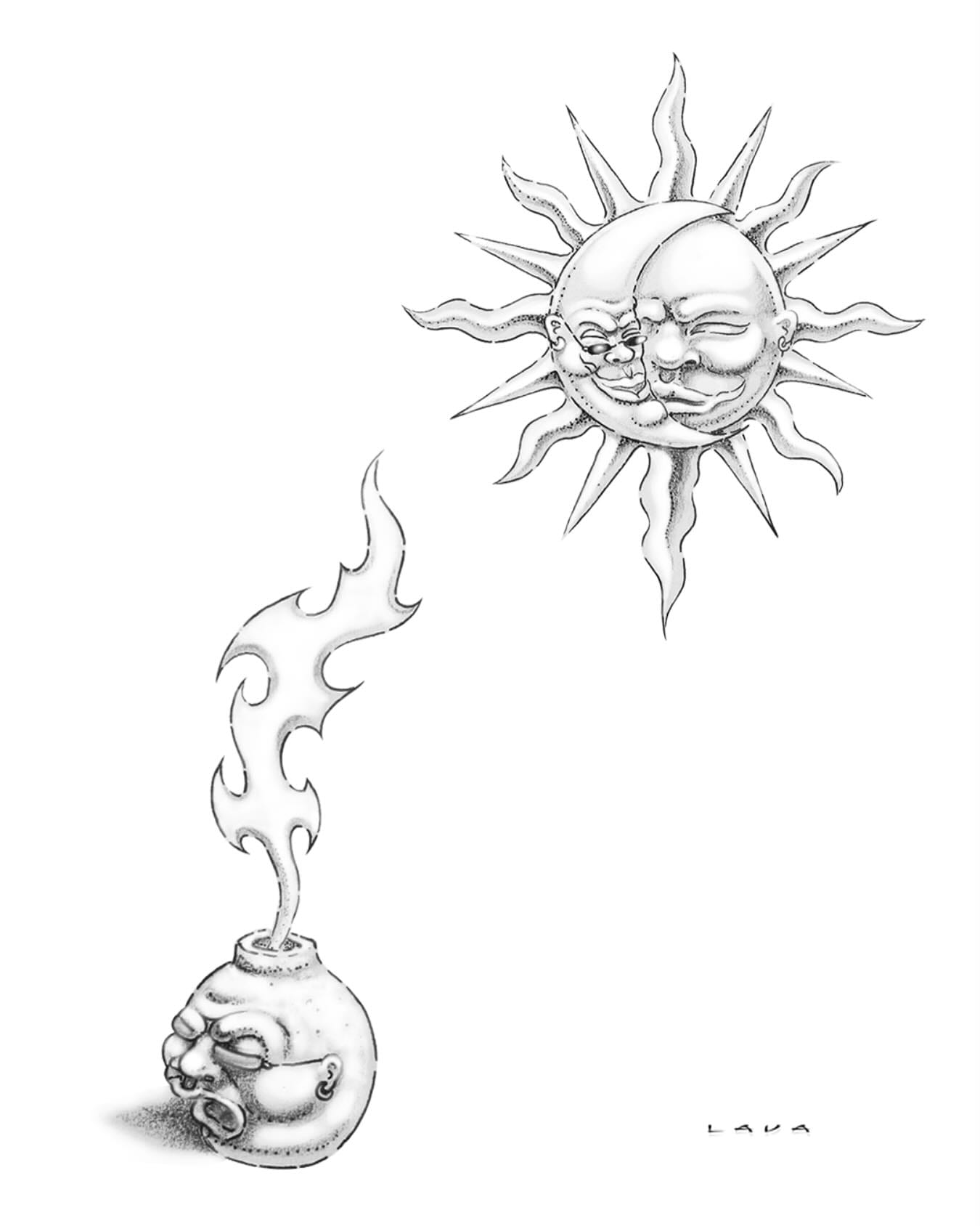Pencil illustration combining a sun-moon face and a flaming cannonball, signed LAVA