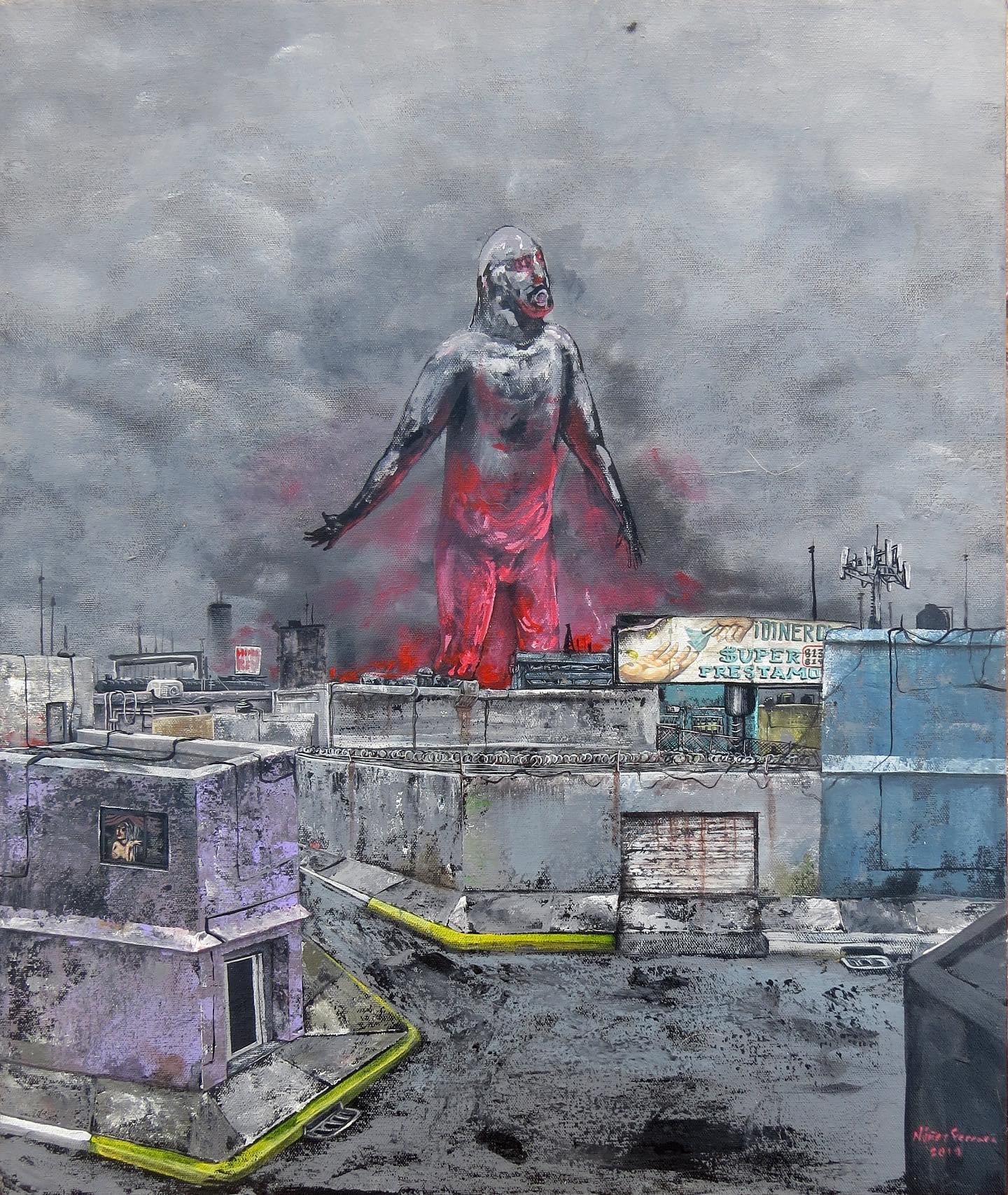 Painting of a colossal pink-grey figure looming over a Mexico City rooftop landscape
