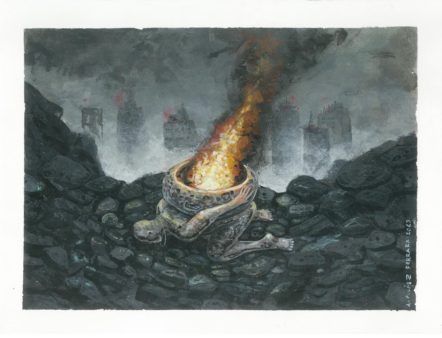 Painting of a flaming offering bowl on a black rocky beach in front of a misty distant city