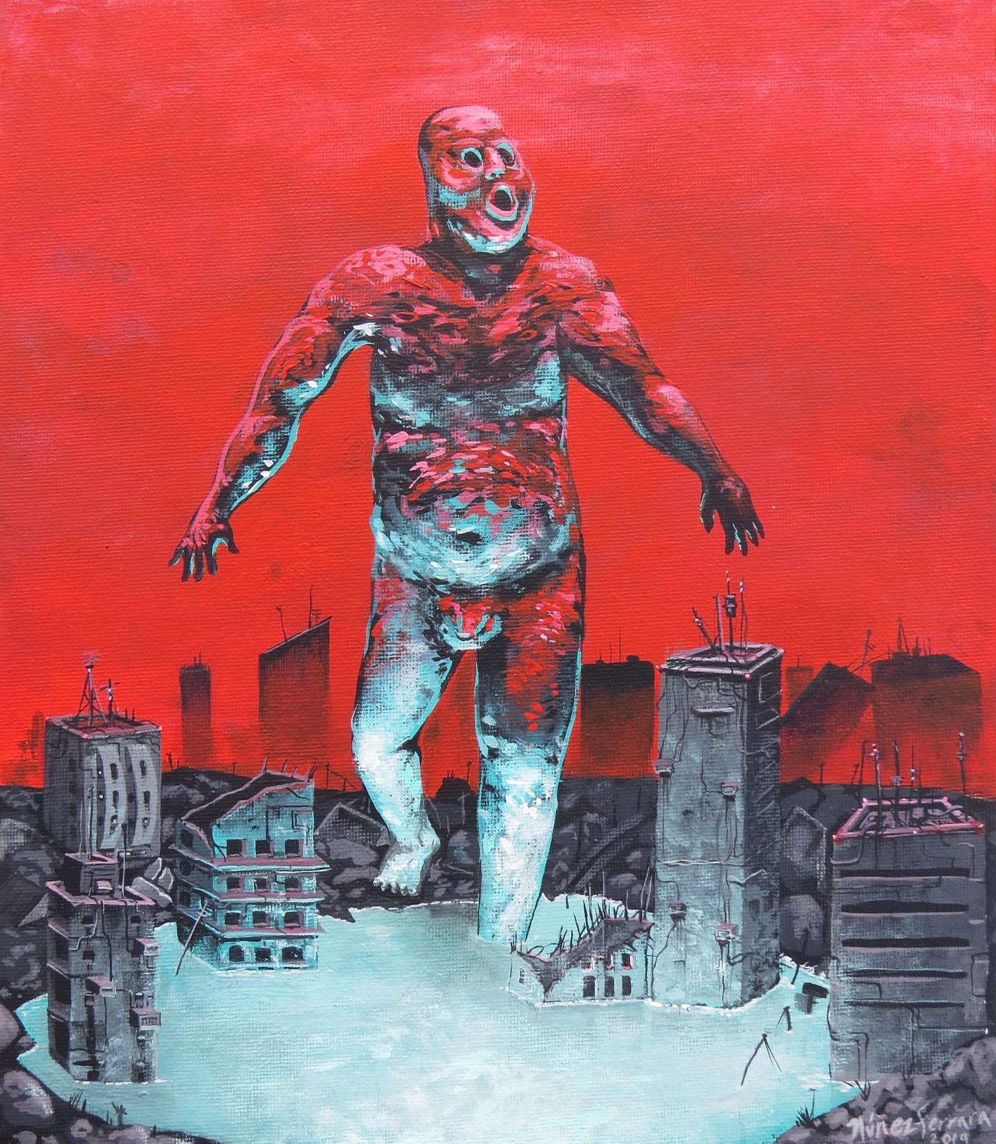 Painting of a giant turquoise figure striding through a ruined city under a red sky