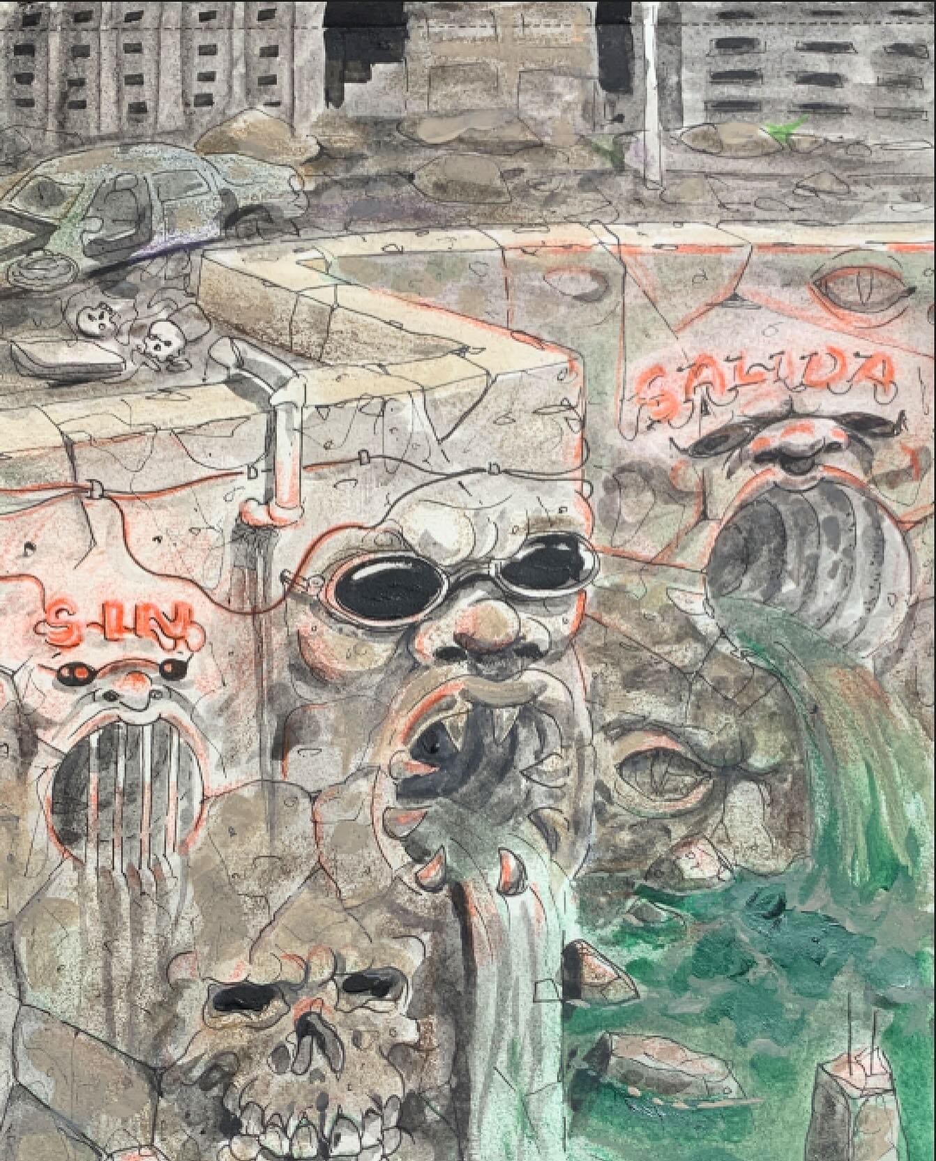 Mixed-media painting with melting figures and graffiti among toxic green water