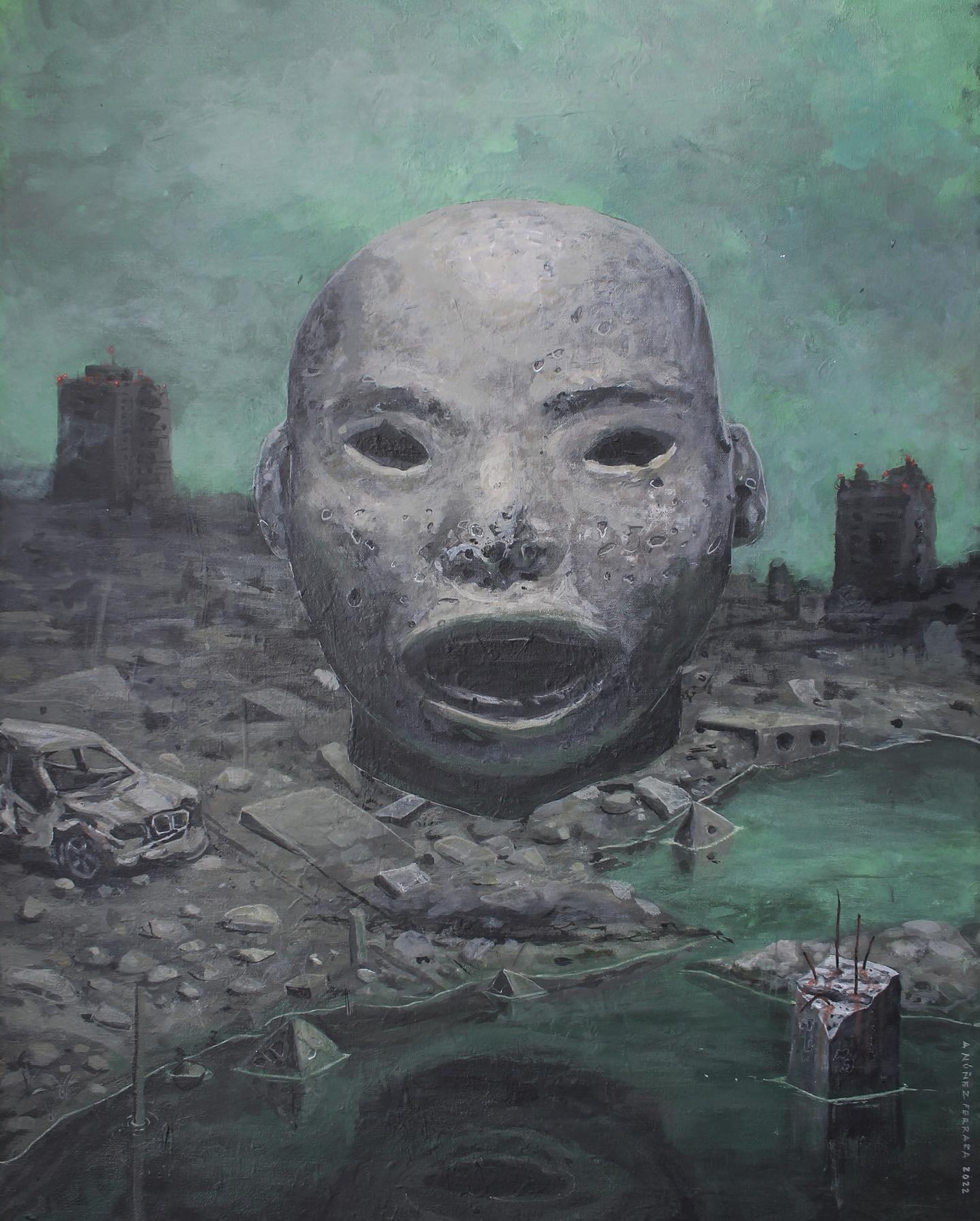 Painting of a colossal weathered head crying into a green pond among urban ruins