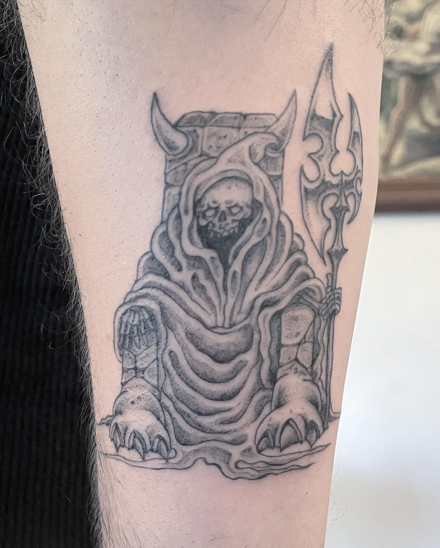Hooded reaper seated on a throne with scythe, dense blackwork with dotwork detail